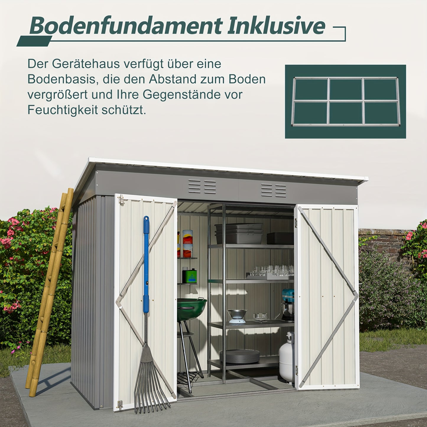 Metalen Tuinschuur – Tuinberging – Tuinhuisje – Opslagschuur – Fietsenberging – Gegalvaniseerd Staal – Ventilatie En Sluitbaar Deursysteem – 244x122 cm Grijs