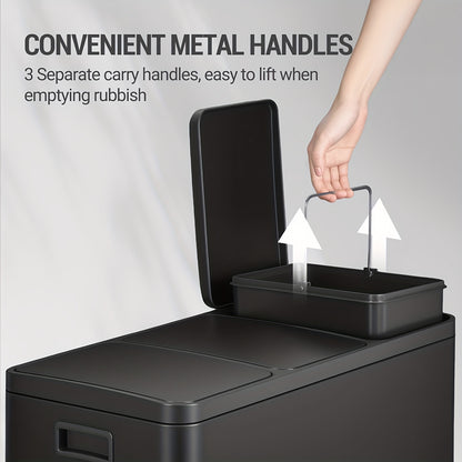 Stainless Steel Kitchen Trash Can with 3-Compartment Waste Sorting System, 45L Total Capacity (3 x 15L) - Heavy-Duty Rectangular Design, Quiet Slow-Lowering Lid - QUORE