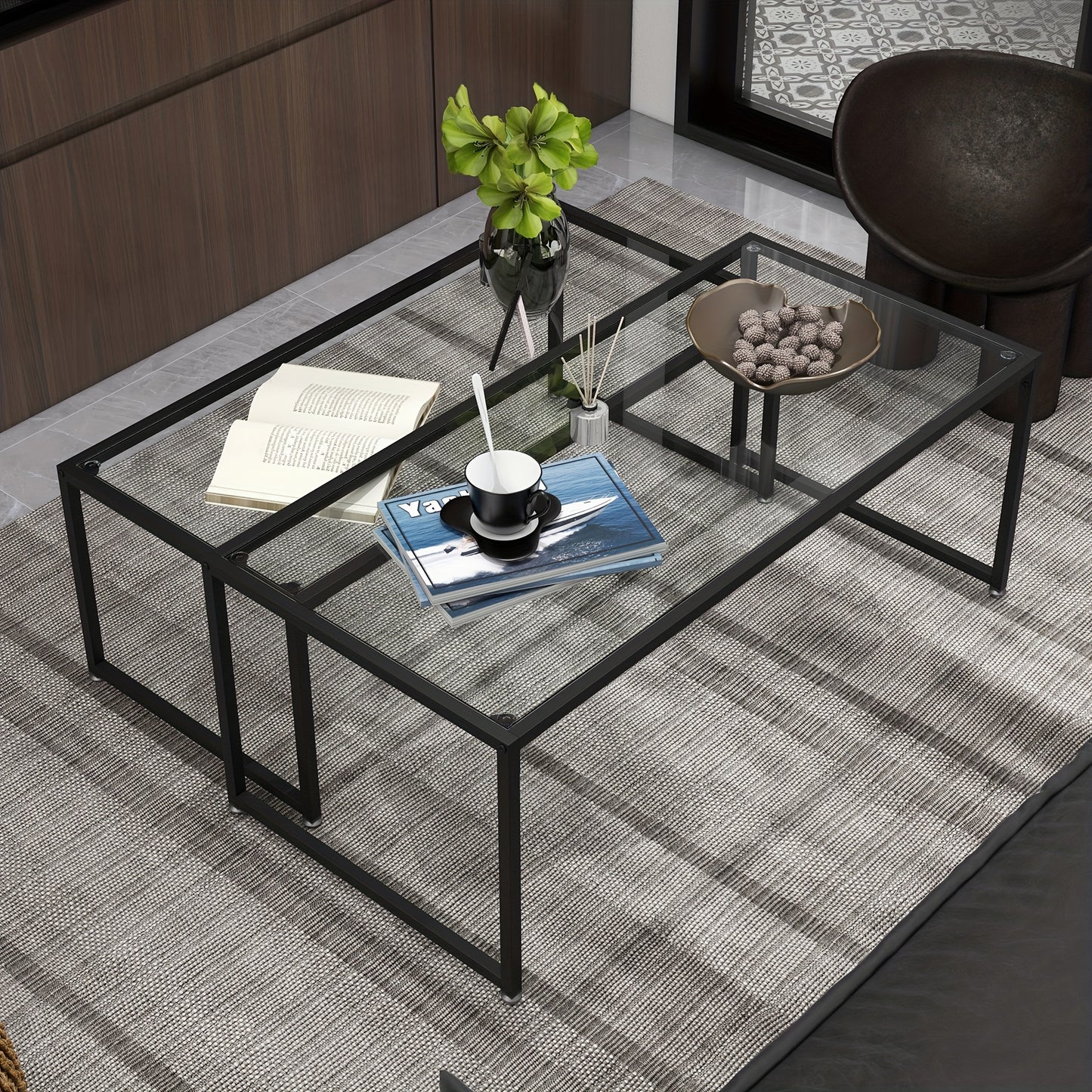 Salontafel Set – Bijzettafel – Glazen Tafel – Sofa Tafel – Woonkamertafel – Zwart Stalen Frame – Ruimtebesparend Design – Helder Glasblad