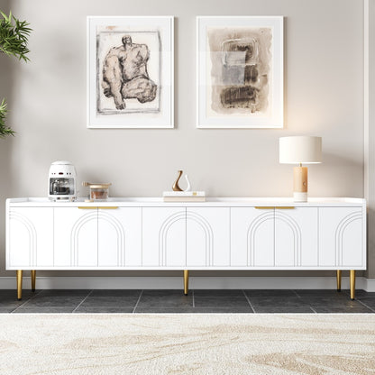 TV Cabinet | Low Unit with Textured Doors, Golden Handles, and Golden Feet | Optimal Storage for Audio-Visual Equipment, Games Consoles, Books, or Decorative Items | Keeps Belongings Efficiently Organized and Tidy | Metal Mat
