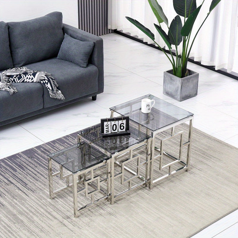 Salontafel – Bijzettafel – Koffietafel – Sofa Tafel – Woonkamertafel – Set van 3 – Roestvrijstalen Frame – Zwart Gehard Glas