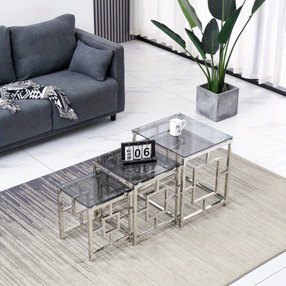 Salontafel – Bijzettafel – Koffietafel – Sofa Tafel – Woonkamertafel – Set van 3 – Roestvrijstalen Frame – Zwart Gehard Glas