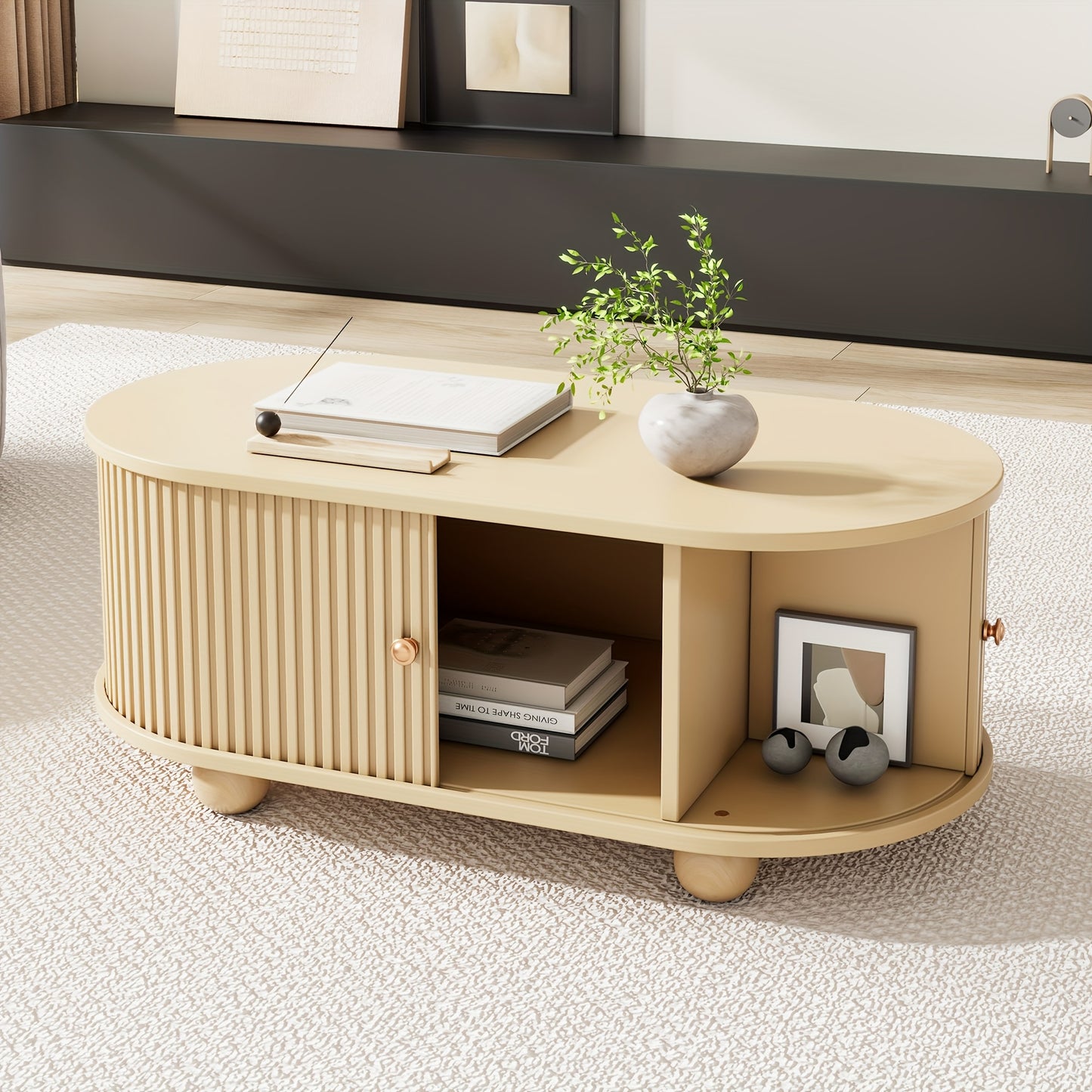 Contemporary Oval Wooden Coffee Table with Storage and Sliding Doors, Multifunctional Space-Saving Furniture, Metal Frame, Easy Assembly, Living Room Storage Solution, Coffee Table for Living Room