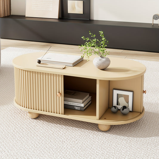 Contemporary Oval Wooden Coffee Table with Storage and Sliding Doors, Multifunctional Space-Saving Furniture, Metal Frame, Easy Assembly, Living Room Storage Solution, Coffee Table for Living Room
