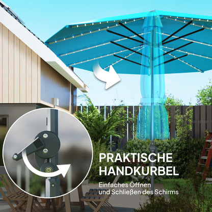 Dubbele Parasol – Tweepersoons Parasol – Terrasparasol – Zonneparasol – Tuinparasol – Blauw – UPF50+ UV-Bescherming – Zonne-LED Verlichting