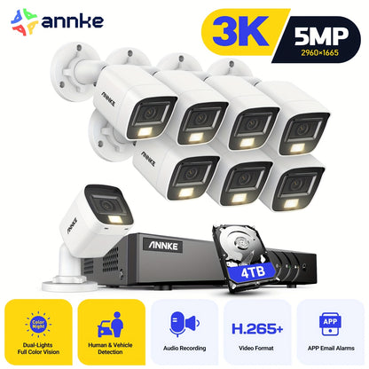 ANNKE 3K HD Security Camera System With Audio/Mic, 3K 5MP Lite Surveillance AI 16CH DVR And 8 X 3K CCTV Bullet Camera With Smarter Dual Light, Human/Vehicle Detection, Color Night Vision, 4TB HDD, With Mic Audio