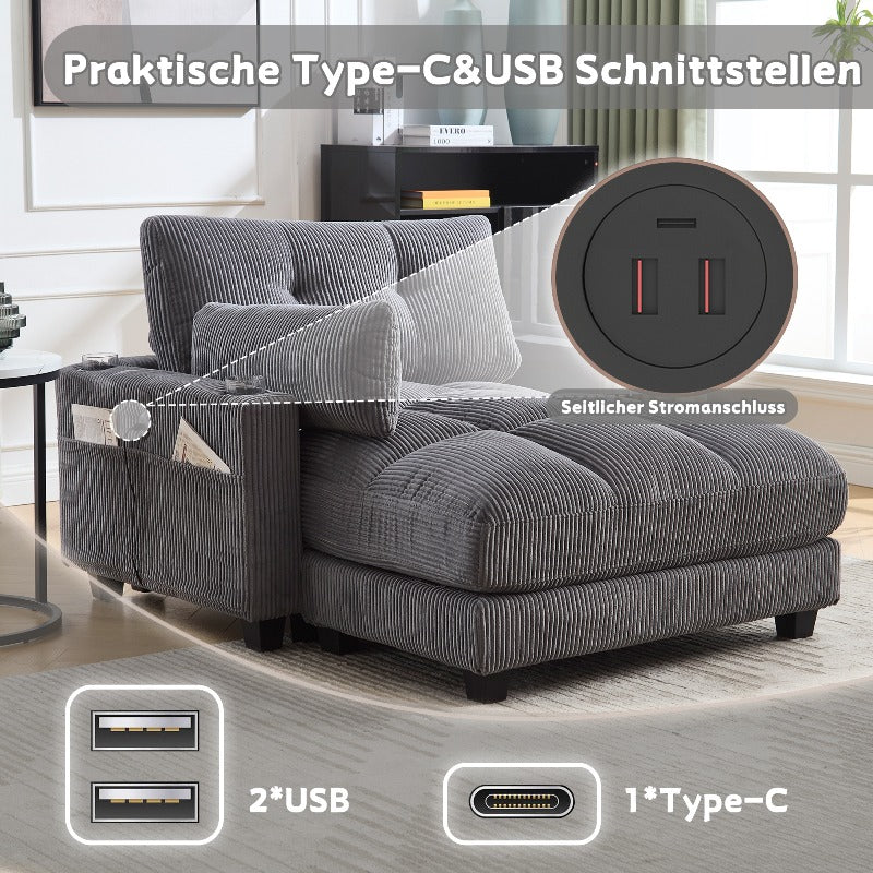Palmen Stoel – Lounge Stoel – Relaxstoel – Recliner – Zetel – Met Fluffy Gestreepte Kussens – Met 3 Bekerhouders & Zijvak – Stevig Metalen Frame – Met Zachte Bekleding