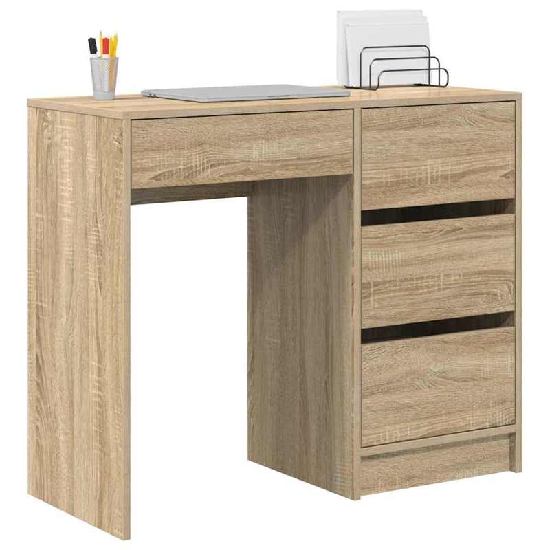 Bureau – Bureautafel – Computertafel – Schrijftafel – Werktafel – Sonoma Eiken – 90x37,5x75 cm – Met 3 Lades en Open Plank – Stevig Houtcomposiet Met Natuurlijke Houtstructuur