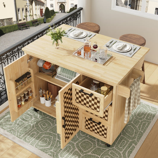 Keukeneiland – Keukentrolley – Keukenkast – Dressoir – Serveertrolley – Compact 120x45x92 cm – Met Handdoekhouder en 3 Lades – Houtnerf Dambordpatroon