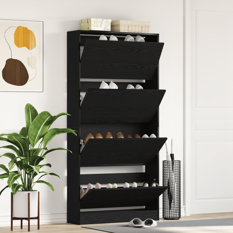 Schoenenrek – Schoenenkast – Schoenenopberger – Schoenenbank – Schoenendiens – Zwart Houten Design – Ruimtebesparend Hoog 80x21x163,5 cm – Duurzaam Hardhout Met Glazen Planken