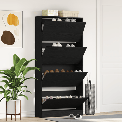 Schoenenrek – Schoenenkast – Schoenenopberger – Schoenenbank – Schoenendiens – Zwart Houten Design – Ruimtebesparend Hoog 80x21x163,5 cm – Duurzaam Hardhout Met Glazen Planken