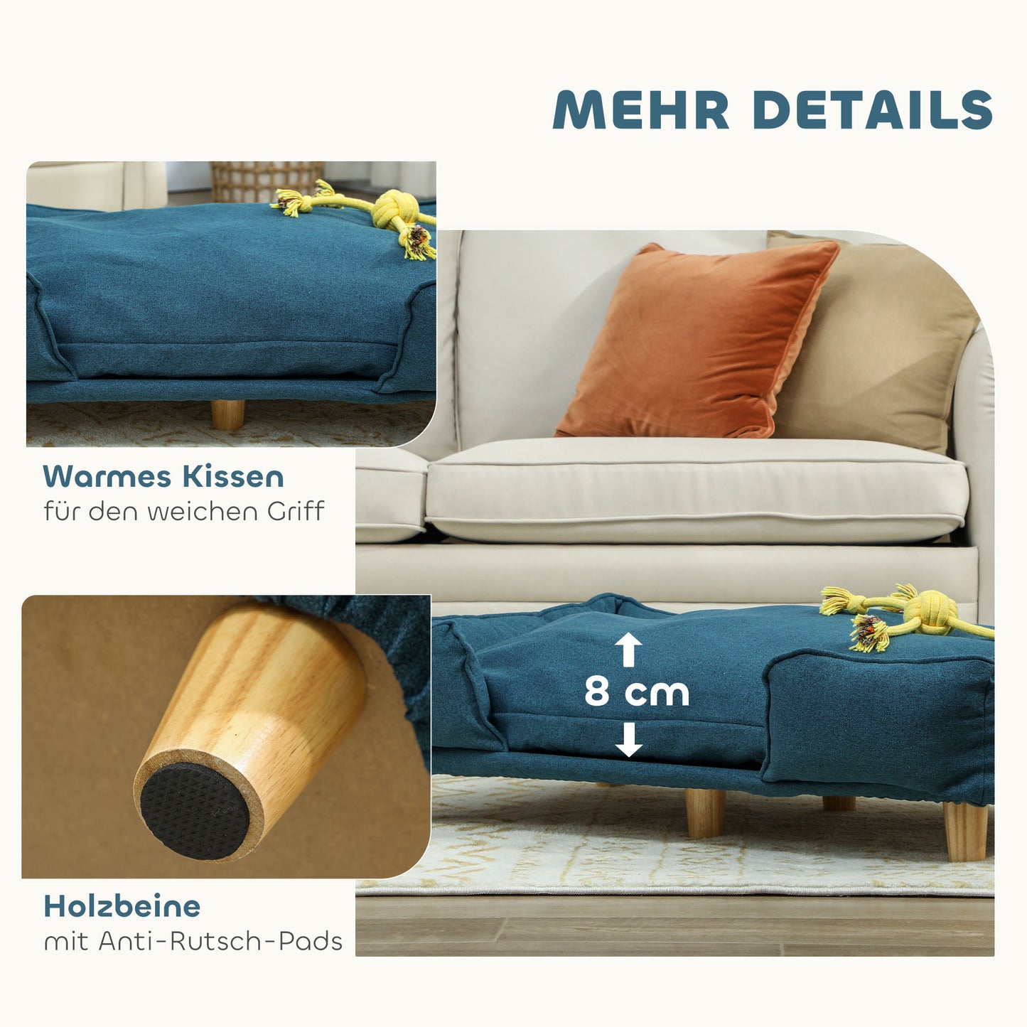 Hondenbank – Honden Sofa – Huisdierbank – Dierenbed – Zachte Ligplek – Donkerblauw Met Wasbaar Kussen – Massief Houten Poten – Extra Comfortabele Zitplek