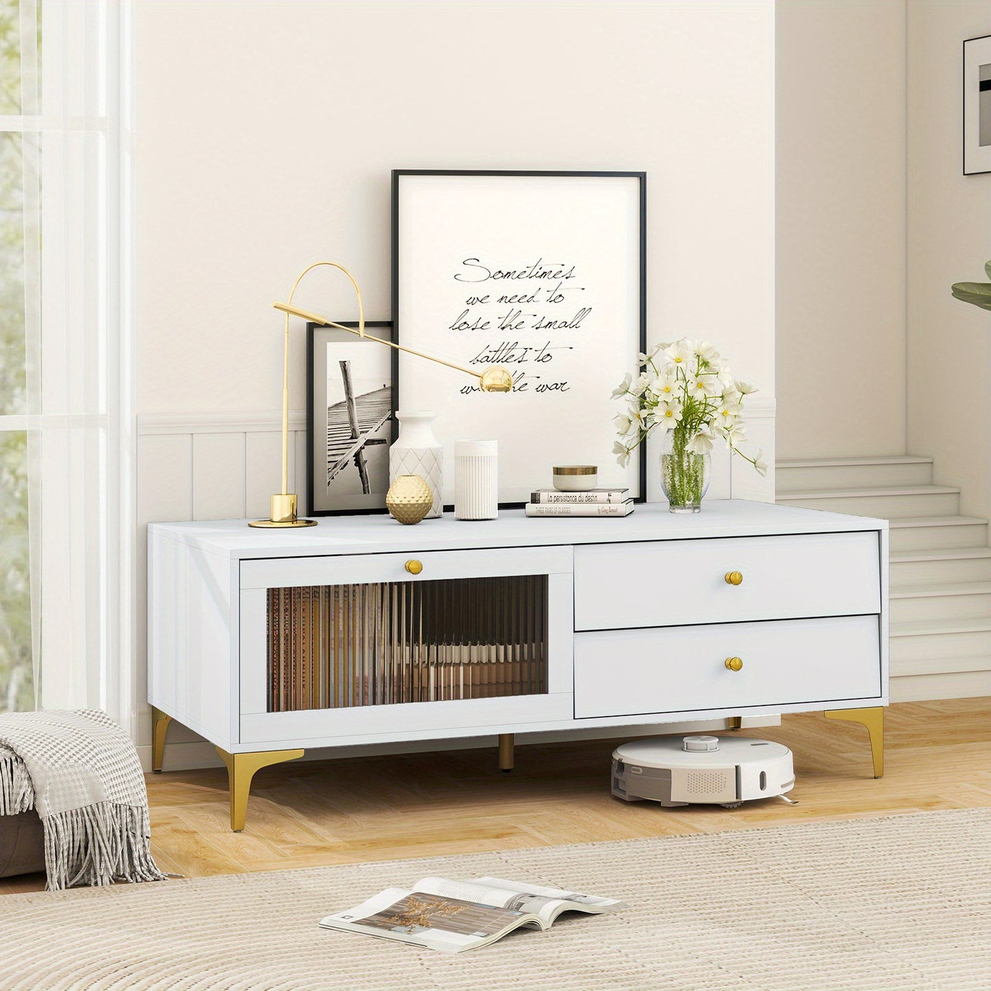 Tv meubel – TV kast – TV dressoir – TV stand – TV meubelen – Wit met gouden accenten – Met lade en gehard glas