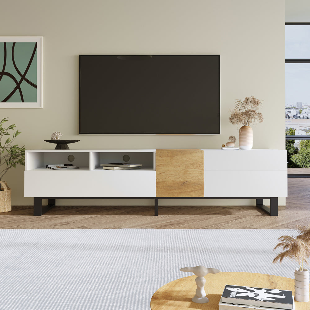 Modern TV Stand, White with Wood Grain Finish, Dimensions 180×50×38cm, Minimalist Design