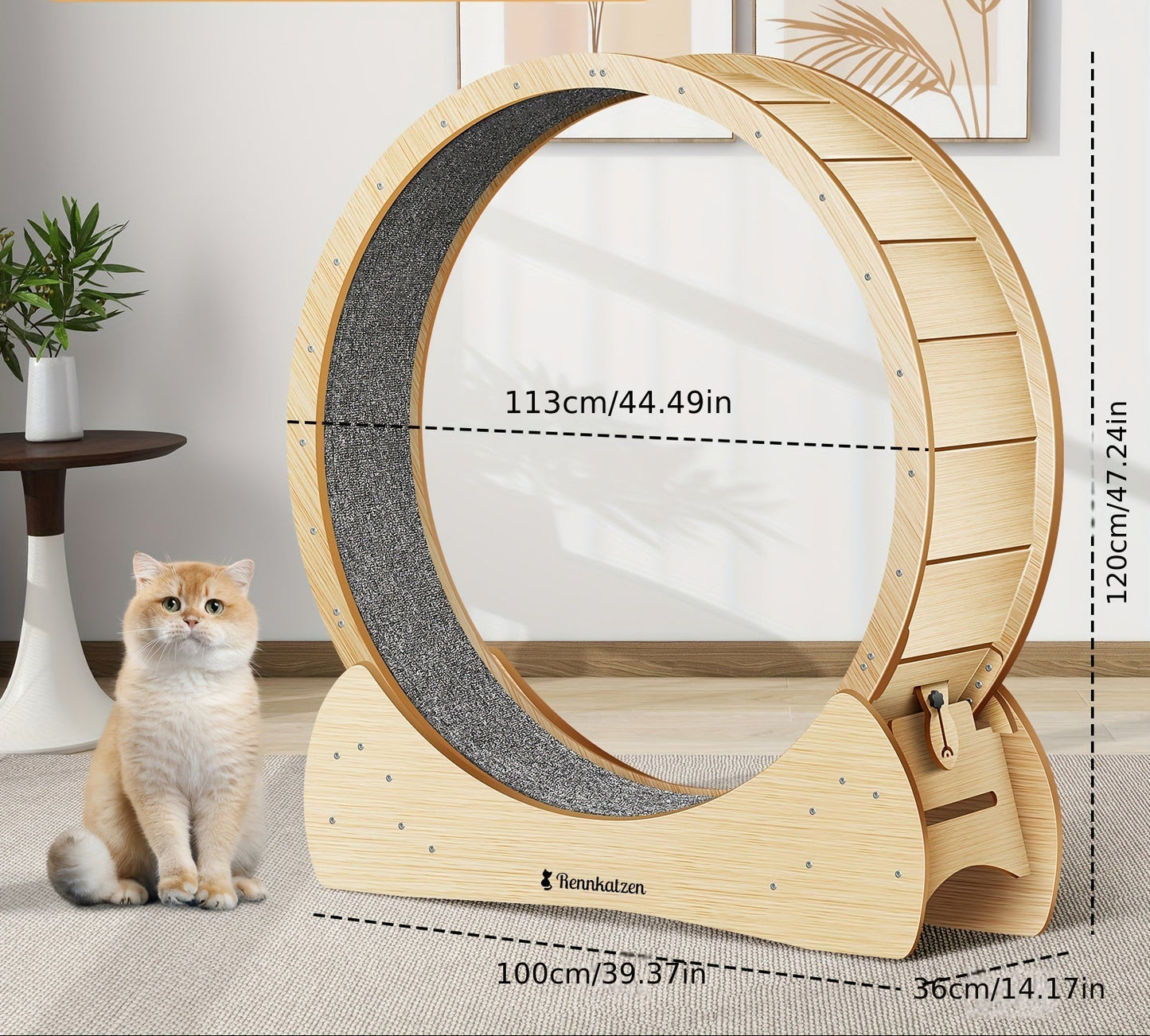Cattrainer – Kattenloopwiel – Kattenrad – Huisdierenloopband – Houten Speelrad – XL Formaat – Natuurlijk Hout – Comfortabel Antislip Oppervlak – Veilig & Duurzaam – Eenvoudige Montage