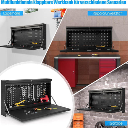Inklapbare Werkbank – Werktafel – Opbergkast – Pegboard – Garagekast – Muurbevestigd – Vergrendelbaar Met Sleutel – Staal En 50 Kg Draagvermogen