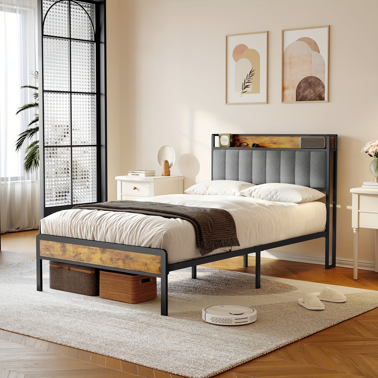 Bedframe – Bedombouw – Houten Bed – Gestoffeerd Bed – Metalen Bedframe – Donkergrijs – 120 x 200 cm – Stevige Metalen Constructie – Massief Houten Lattenbodem