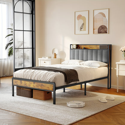 Bedframe – Bedombouw – Houten Bed – Gestoffeerd Bed – Metalen Bedframe – Donkergrijs – 120 x 200 cm – Stevige Metalen Constructie – Massief Houten Lattenbodem
