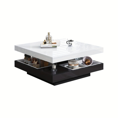Modern 360° Swivel Coffee Table with Two-Tier Spinning Tabletop & Storage - White Gloss Metal Frame, Black Base, Space-Saving Oval-Effect Design for Small Living Rooms, Apartments - Easy Assembly (70x70x36cm)