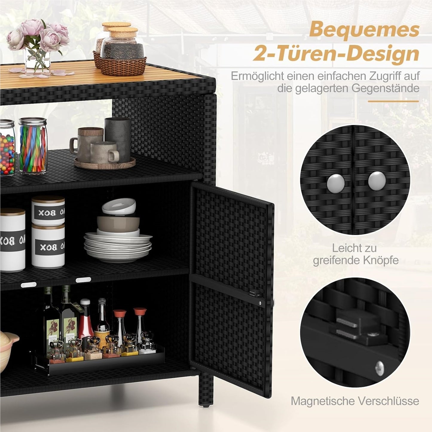 Tuinkast Rattan Kast Buitenberging Opbergkast Tuinmeubel – Zwart – 90x53x86 cm – Acaciahouten Werkblad – Weerbestendig Metalen Frame