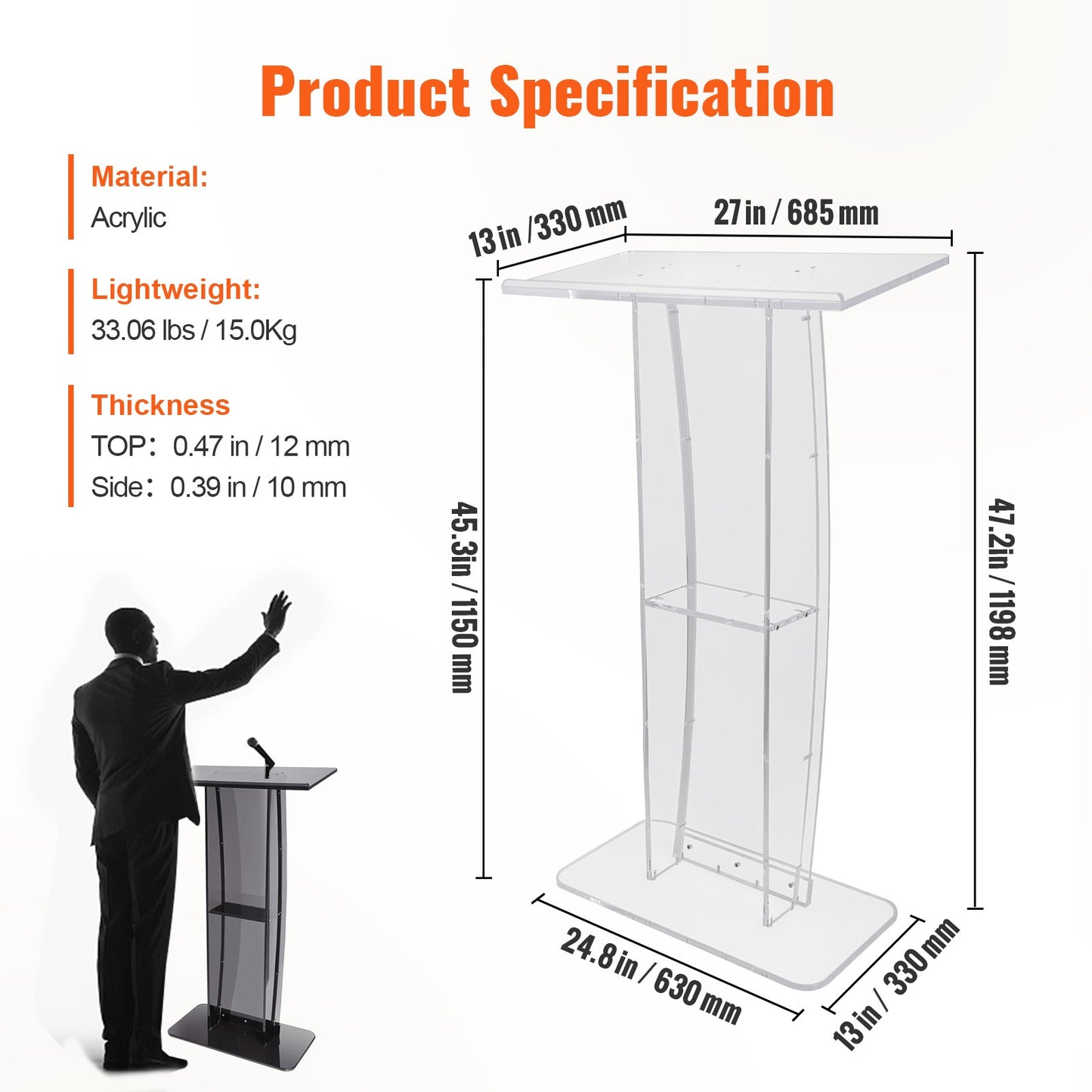 Transparant Acryl Spreekgestoelte – Podium – Presentatiepulpit – Lectern – Presentatiemeubel – 120 cm Hoogte – Ruim Blad Met Opbergbodem
