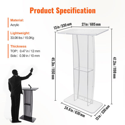 Transparant Acryl Spreekgestoelte – Podium – Presentatiepulpit – Lectern – Presentatiemeubel – 120 cm Hoogte – Ruim Blad Met Opbergbodem