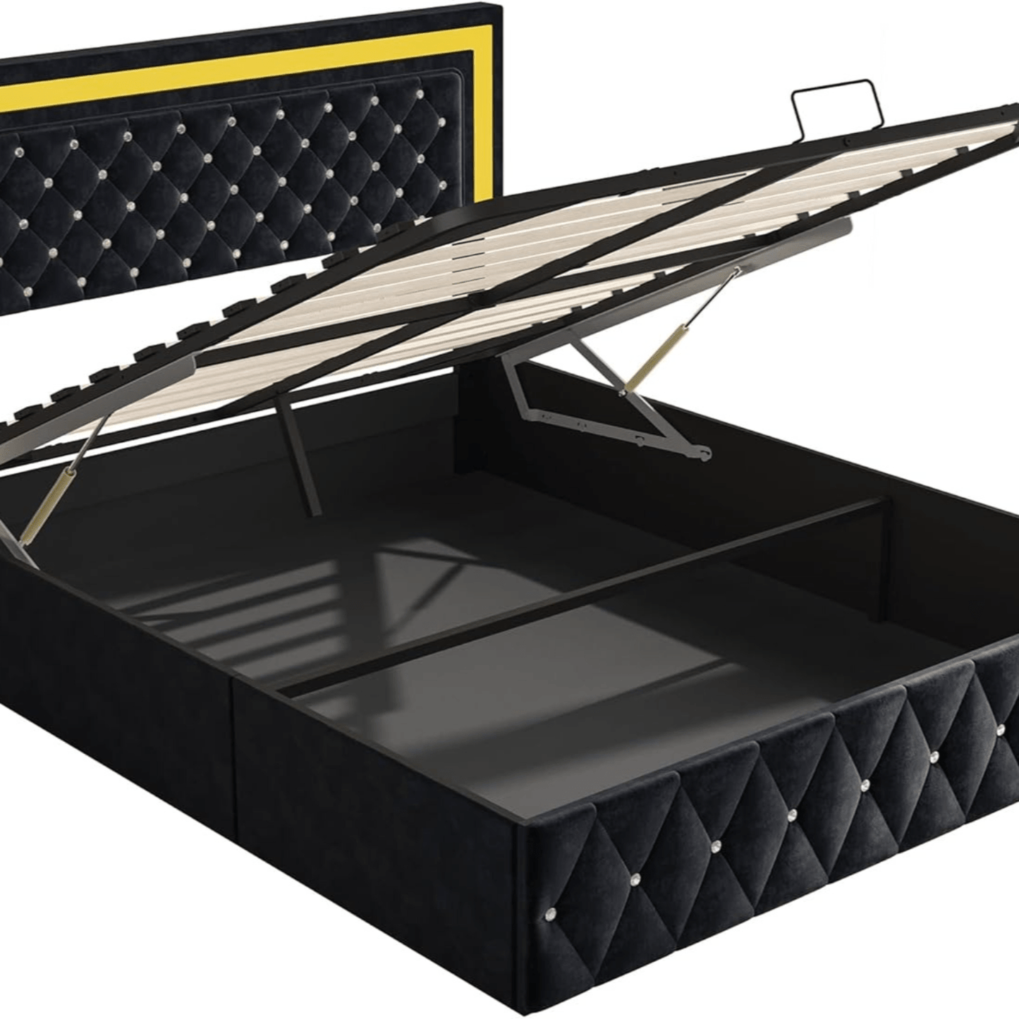 Opbergbed – Opbergboxspring – Slaapbank – Tweepersoonsbed – Gestoffeerd Bed – 180x200 cm – Hydraulisch Opklapbaar – LED-Verlichting