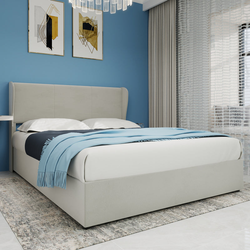Modern Minimalist Upholstered Bed Frame Queen/King Size (160x200cm) - Beige Fabric Headboard, High-Profile Gas Lift Storage Base, No Box Spring Needed, Easy Assembly, Durable Non-Wood Bed Furniture for Large Mattresses (Mattr