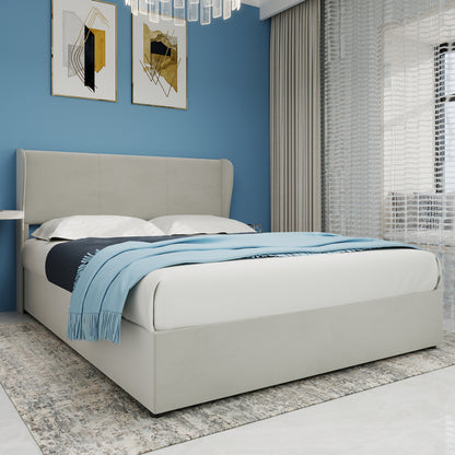 Modern Minimalist Upholstered Bed Frame Queen/King Size (160x200cm) - Beige Fabric Headboard, High-Profile Gas Lift Storage Base, No Box Spring Needed, Easy Assembly, Durable Non-Wood Bed Furniture for Large Mattresses (Mattr