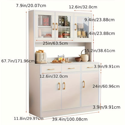 Keukenkast – Keukenbuffet – Opbergkast – Keukenmeubel – Kast Met Glazen Deuren – 170x100x30 cm – Wit – Hout – 6 Kasten – 3 Lades – Duurzaam & Vochtbestendig