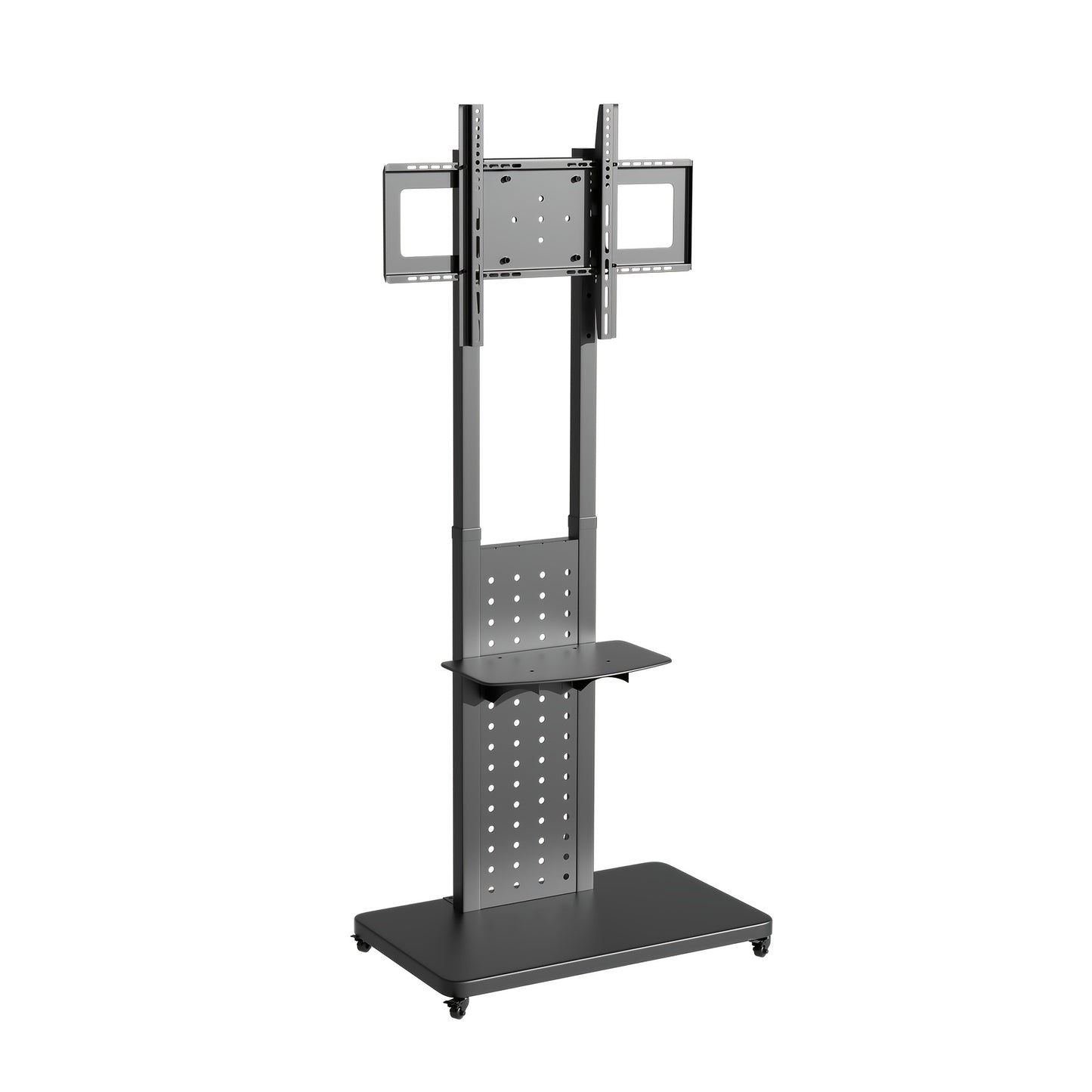 Mobiele TV-standaard – Verrijdbare TV-standaard – TV Trolley – Verstelbare TV-houder – VESA TV-meubel – Geschikt voor 32-65 inch – Zwart Staal – Verstelbare Hoogte 110-160 cm – Wielen met Remmen – Draagkracht 49,9 kg