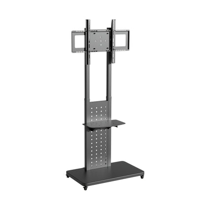 Mobiele TV-standaard – Verrijdbare TV-standaard – TV Trolley – Verstelbare TV-houder – VESA TV-meubel – Geschikt voor 32-65 inch – Zwart Staal – Verstelbare Hoogte 110-160 cm – Wielen met Remmen – Draagkracht 49,9 kg