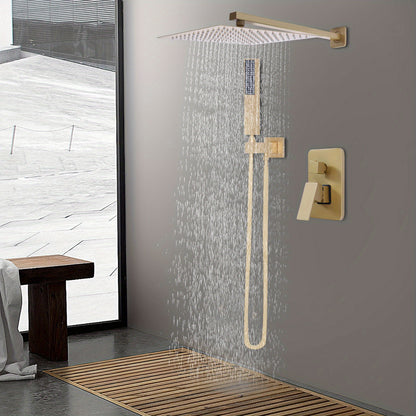 Gouden Douche Systeem – Douche Set – Regendouche – Handdouche – Thermostaatkraan – Thermostatische Temperatuurregeling 0-75°C – Messing Geborstelde Afwerking – Muurmontage Met Universele G½" Aansluiting