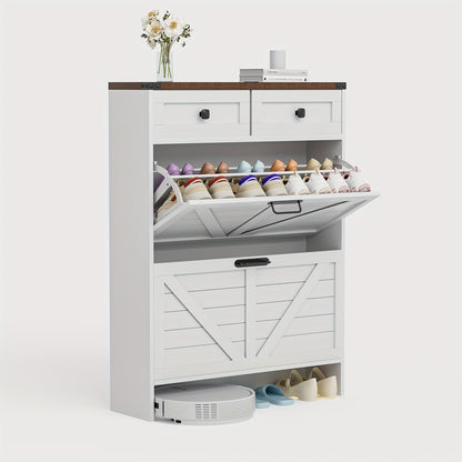 Witte Schoenenkast – Schoenenkast Met Lade – Schoenopberger – Schoenmeubel – Schoenenrek – Verstelbare Binnenpanelen – Anti-Kantelbeveiliging – MDF Met Melamine – Vrijstaand – 80x24,5x108 cm