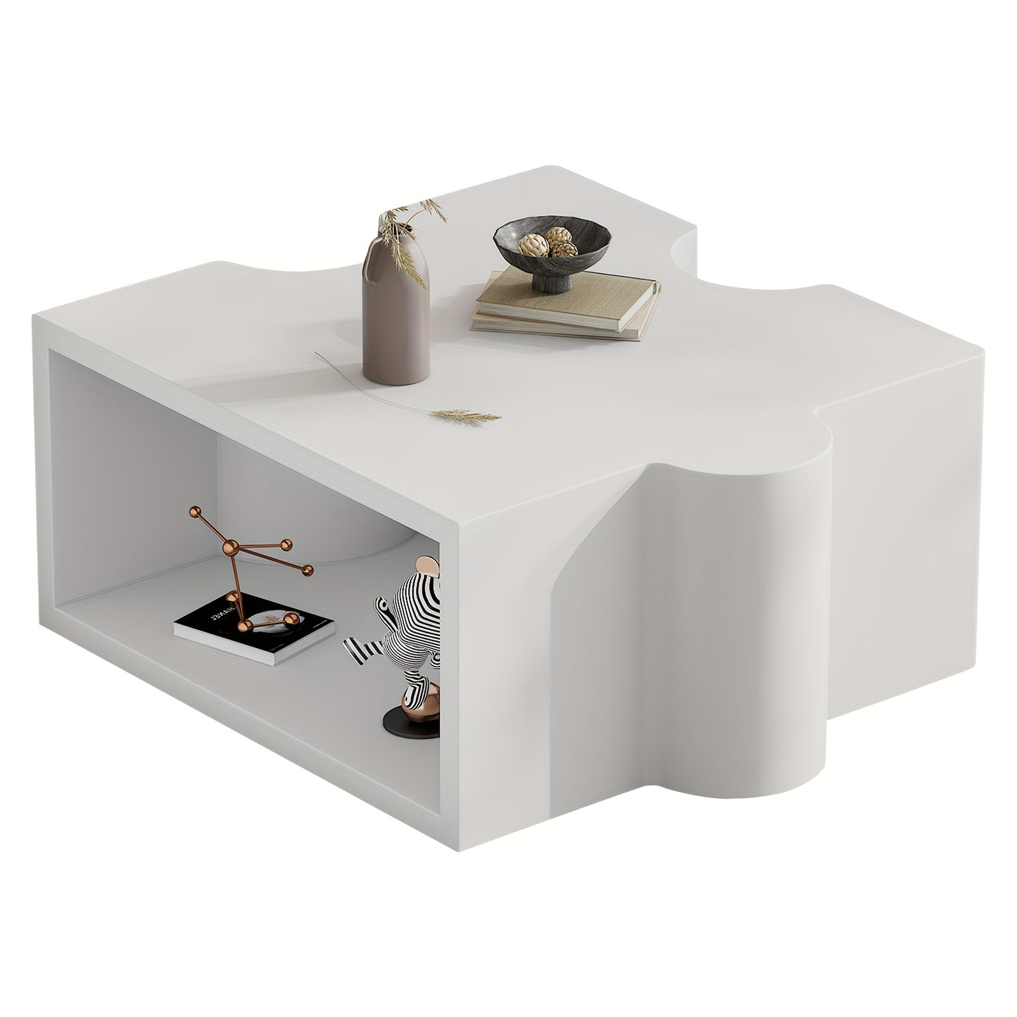 Salontafel – Koffietafel – Bijzettafel – Woonkamertafel – Tafeltje – Modern Wit Puzzelpatroon – Bamboe Tafelblad – Compact 65x65x32 cm