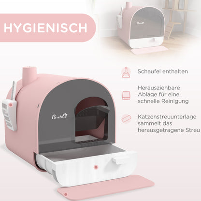 Kattentoilet – Kattenbak – Kattentoilet Met Deksel – Kattenbaksysteem – Kattenbak Met Schep – Gesloten Design – Inclusief Kattenbakmat – Duurzaam Kunststof – Roze/Zwart