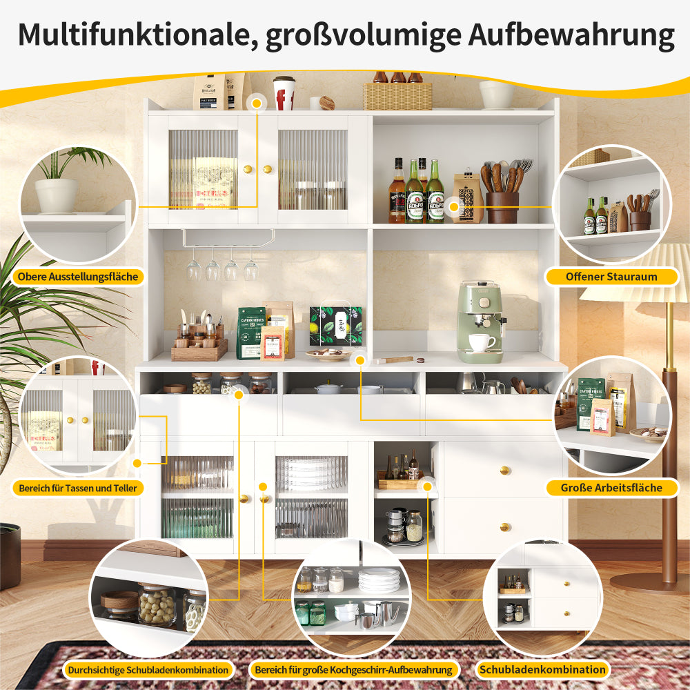 Modern White & Golden Tall Dining Cabinet with Glass Doors & Wine Rack - Multi-Tier Storage Floor-Standing Kitchen Organizer, 57" Height (145cm), 15.35" Depth (39cm), 66.93" Width (171cm), 3.2+ Cubic Feet Capacity, Metal Cons