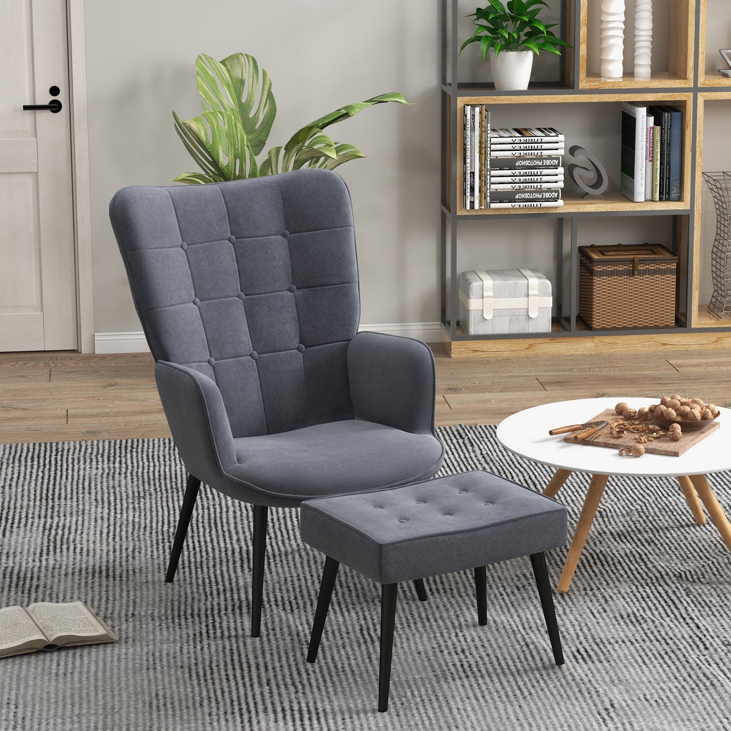 Fauteuil Met Ottoman – Relaxstoel – Zetel – Lounge Stoel – Leunstoel – Donkergrijs – Button-Tufted Bekleding – Draagkracht 120 Kg