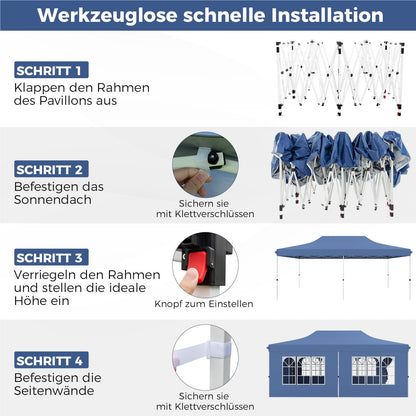 Paviljoen – Tuinpaviljoen – Partytent – Tenten – Overkapping – 3 x 6 Meter – Waterdicht Met UV Bescherming 50+ – Met 6 Zijwanden en Zandzakken – Blauw