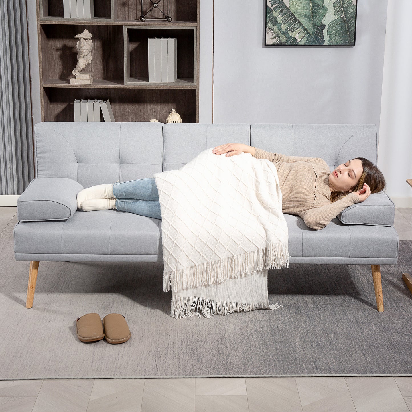 Bankbed – Slaapbank – Bedbank – 3-Zits Sofa – Sofa Bed – Linnenlook Stof – Inklapbare Tafel Met Bekerhouders – Verstelbare Rugleuning – Max. Belastbaar 250 Kg – Lichtgrijs