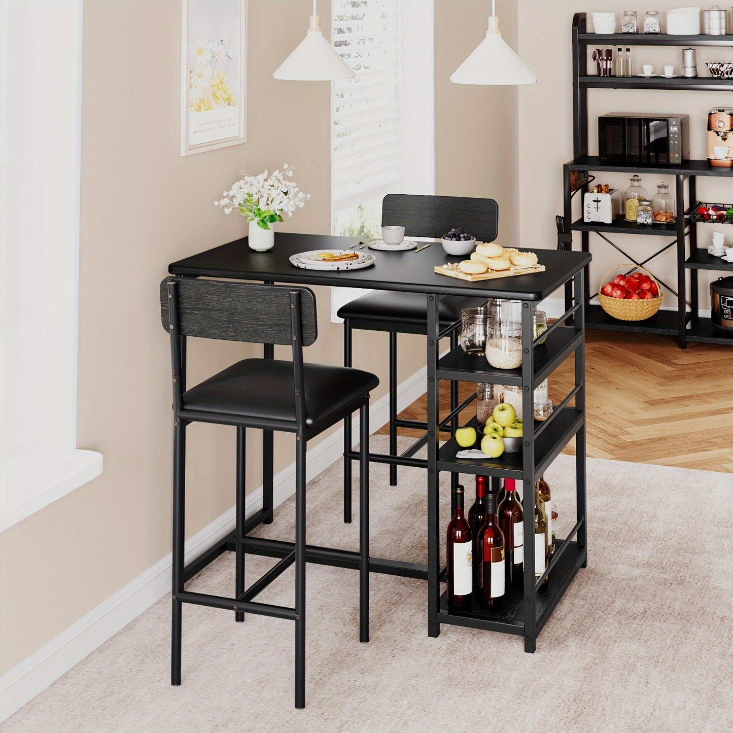 Eettafelset – Bar Tafelset – Keukentafel – Bistro Set – Stoelenset – Compact Ruimtebesparend Ontwerp – Met 3 Opbergruimtes – Matzwarte Metalen Frame