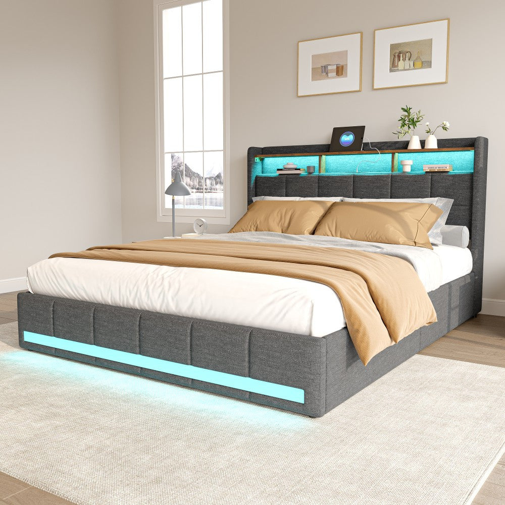 Double Bed with Storage, LED Lighting, 4 Drawers, Storage Function, USB Charging, Quick Assembly, Metal And Linen Bed Frame, Classic, for Adults, Ideal for 8Mj4Txd Bedroom.