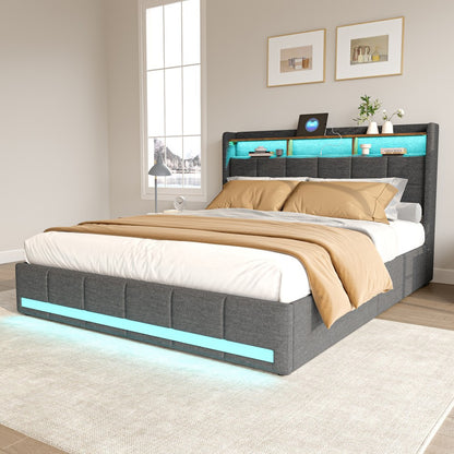 Double Bed with Storage, LED Lighting, 4 Drawers, Storage Function, USB Charging, Quick Assembly, Metal And Linen Bed Frame, Classic, for Adults, Ideal for 8Mj4Txd Bedroom.