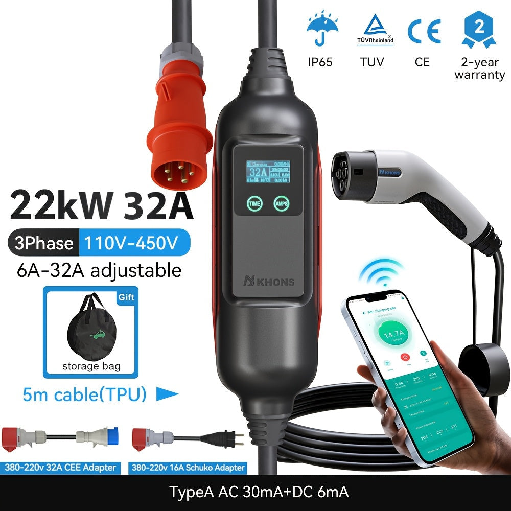 22 KW Type 2 Laadpaal – EV Oplaadstation – Elektrische Autolader – Wandlader – Driefasige Evse – 32A Stroom – App Bediening – Compact Design