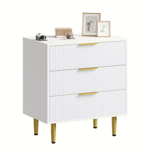 White & Golden Modern 3-Drawer Dresser - Compact Fluted Cabinet with Golden Accent Legs & Knobs, Space-Saving Wood-Like (No Assembly Issues) - Small Chest of Drawers for Bedroom, Living Room, Entryway, Bedside Table/Nightstan