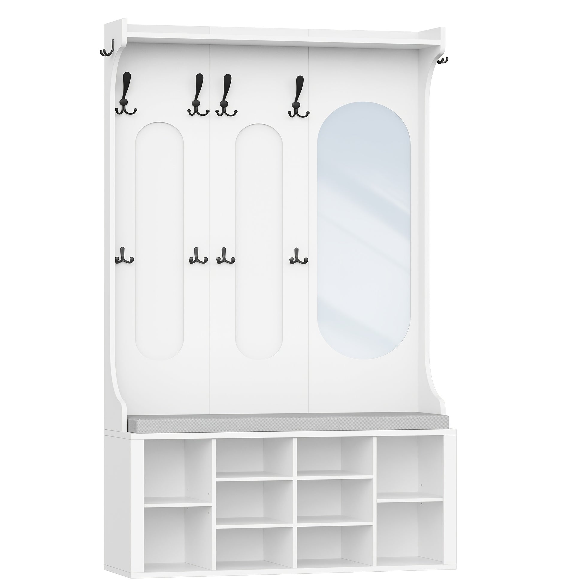 Coat Rack with Shoe Bench, Wardrobe with Mirror, Shoe Storage, 10 Hooks, Adjustable Shelves, Freestanding, for Entrance Area, Hallway, 35.5 X 100 X 185cm, White,  Hallway Storage, Freestanding Wardrobe, Sleek Design, Shoe Ben - QUORE