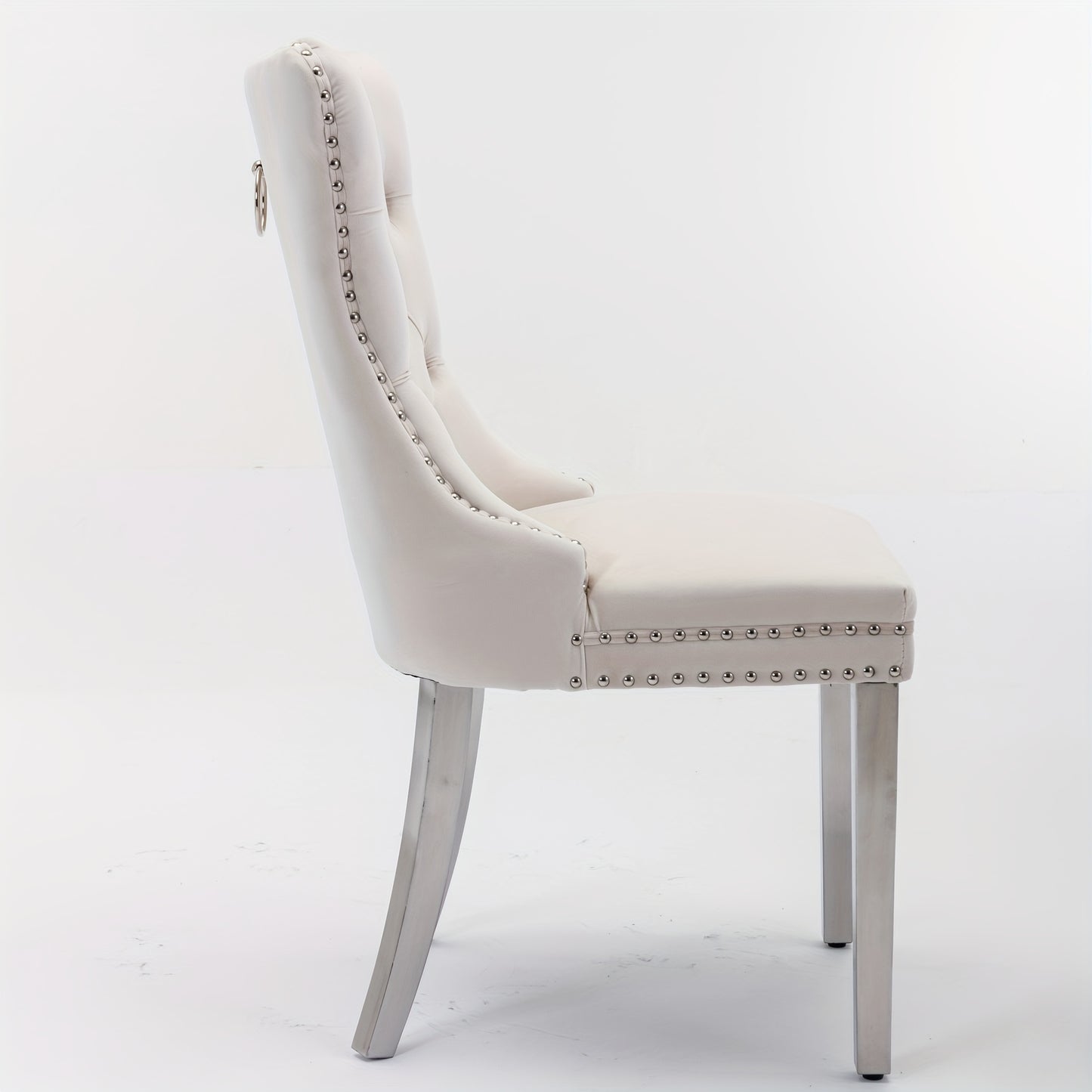 Set of 2 Modern Luxury Tufted Solid Wood Frame Dining Chairs with Beige Velvet Upholstery, Chrome Stainless Steel Legs & Nailhead Trim - Contemporary Classic Design, Plush Cushioned Seats for Elegant Home or Formal Dining Roo