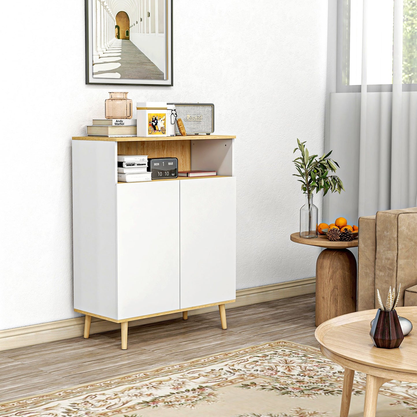 Opbergkast – Kasten – Dressoir – Woonkamerkast – Servieskast – Scandinavisch Design – Verstelbare Binnenplank – Massief Houten Poten – Wit Houtlook – 80x38x102 cm