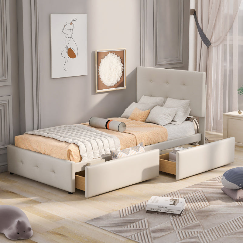 Bedbank – Slaapbank – Logeerbed – Eenpersoonsbed – Bed – Lichtbeige Gestoffeerd – Lattenbodem – 2 Grote Opberglades