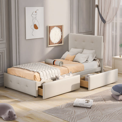 Bedbank – Slaapbank – Logeerbed – Eenpersoonsbed – Bed – Lichtbeige Gestoffeerd – Lattenbodem – 2 Grote Opberglades